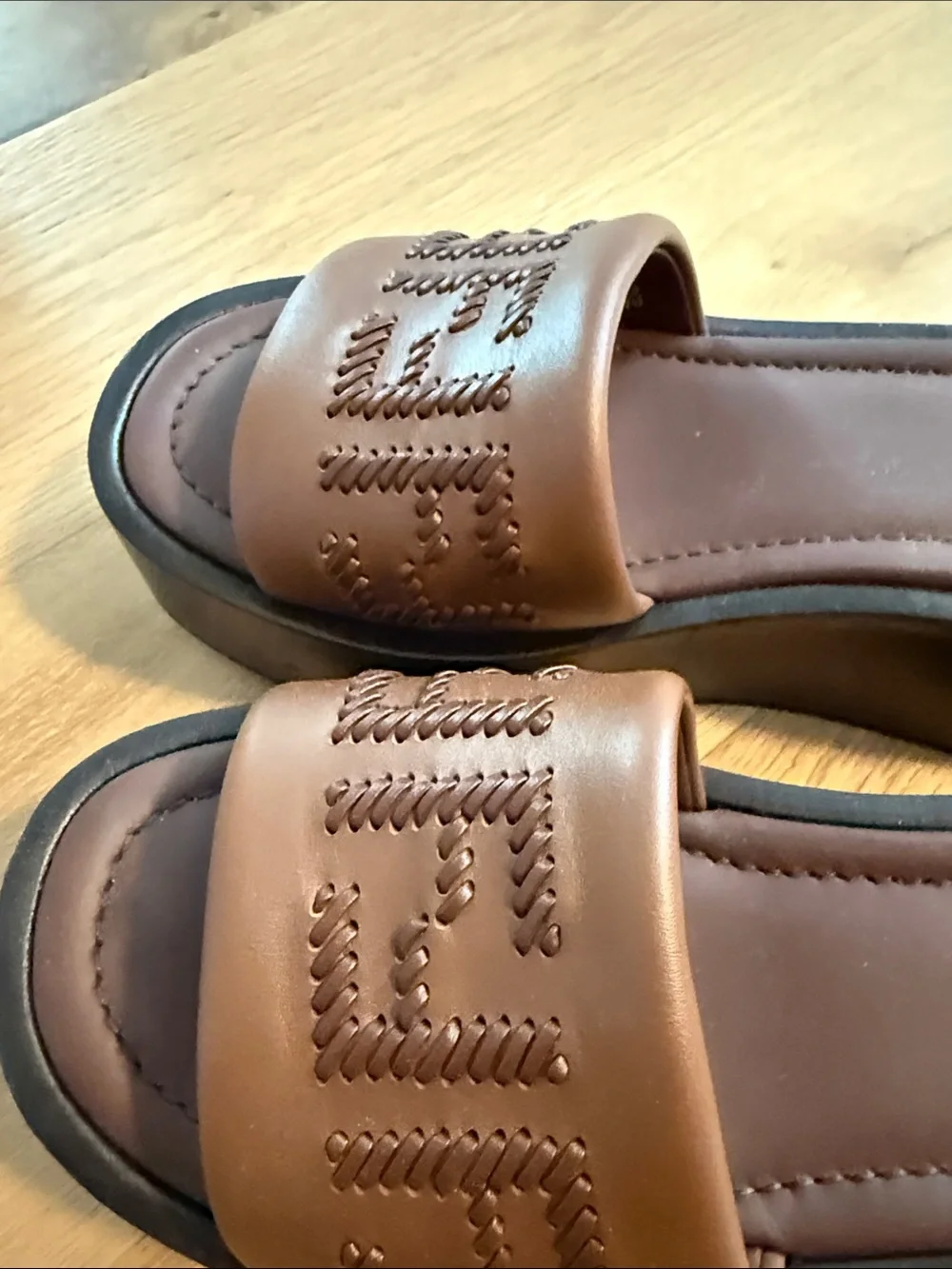 Fendi Brown Leather Logo Platform Slide Sandals